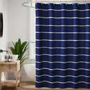 Navy Blue Striped Shower Curtain, Modern Coastal Bathroom Decor, Clean White Horizontal Stripes, Linen Texture Waterproof Fabric, 72" x 72"