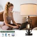 Reaketon Black Table Lamps for Living Room Set of 2, 22.3" Farmhouse Lamps for Nightstand, Industrial Table Lamps for Bedroom with USB Ports, Bulbs Included