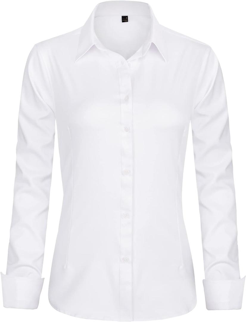 J.VER Womens Dress Shirts Long Sleeve Button Down Shirts Wrinkle-Free Solid Work Blouse (Medium, White)