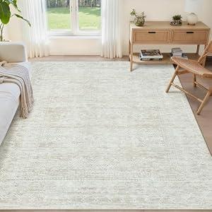 5X7 Area Rug for Living Room, Washable Moroccan Geometric Rug Soft Non-Slip Rubber Vintage Boho Large Rug, Low Pile Farmhouse Carpet for Bedroom Dining Room Nursery Modern Office (Beige, 5'x7')