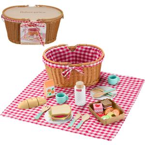 Fisher-Price Wood Pretend Play Toy Picnic Basket, 31-Piece Wooden Food Playset for Preschool Kids Ages 3+ Years