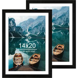 Hongkee 14x20 Picture Frame Set of 2, Rustic Black Wood Style - Display 14 x 20 Picture without Mat or 12x18 Picture with Mat, Wall Mounting Horizontal and Vertical