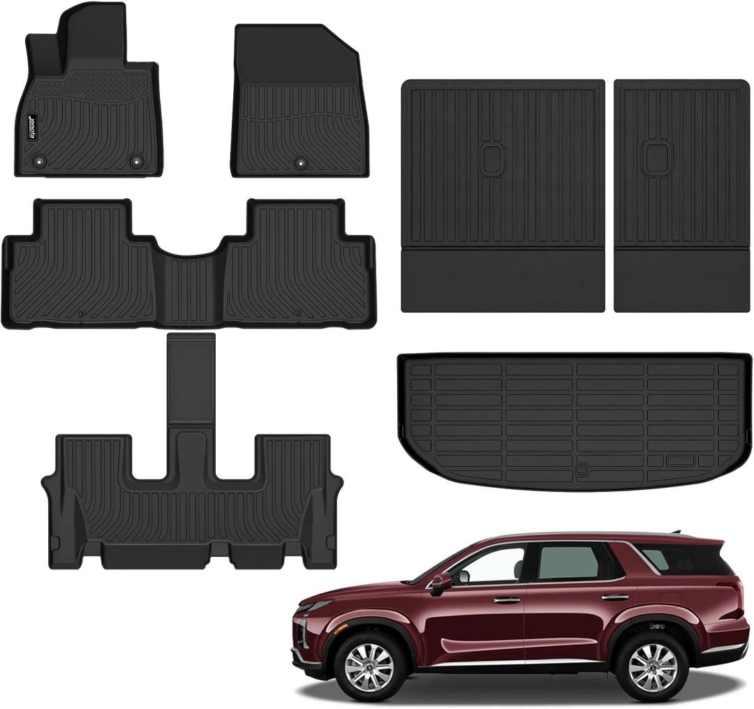 Jenofa-Car Floor Mats for Hyundai Palisade 2020-2025 7&8 Seat All Weather Mats Waterproof Durable Full Set Floor Liner Custom for Palisade Accessories Black (Floor Mats & Backrest Mat & Cargo Liner)