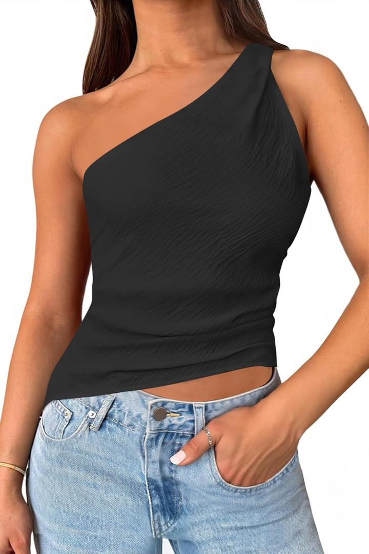 Cicy Bell Womens One Shoulder Tank Tops Summer Going Out Tops Ruched Asymmetrical Sleeveless Shirts (X-Large, Black)