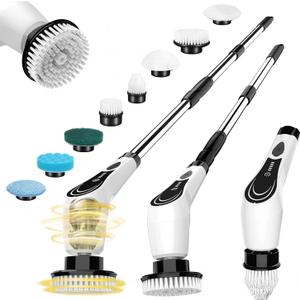 Electric Spin Scrubber with 8 Brush Heads, Extension Handle and 2 Speeds for Beginner, Teens.White-o1.