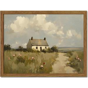 Vintage Farmhouse Wall Art, Country Cottage Wall Decor Paintings, Framed 3D Textured Hand Drawn Sandstone Natural Countryside Landscape Artwork for Bedroom Living Room 12x16 inch Wood Frame