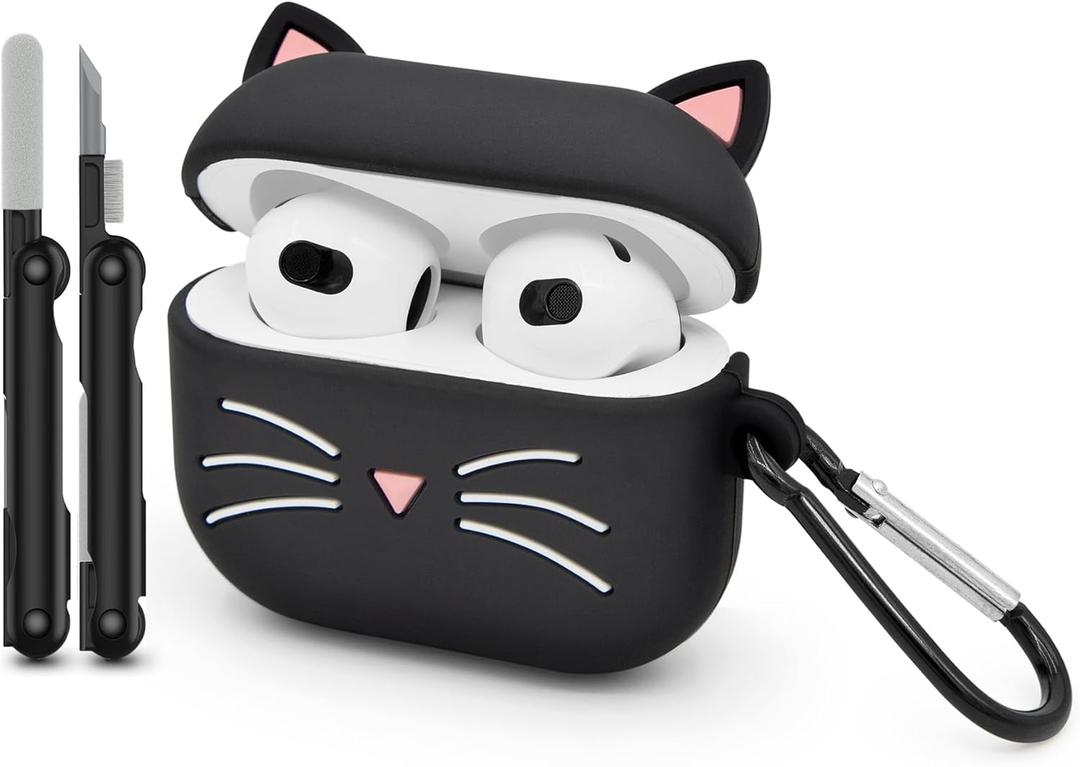 Whisker Cat Case for AirPods 3, Kitty AirPods 3rd Generation (2021) Case, with Cleaner Kit Animals 3D Cartoon Kitten Shaped Shockproof Silicone Charging Cases with Carabiner
