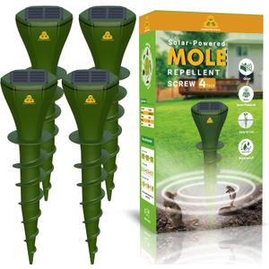 Mole Repellent Screw Solar Powered Outdoor Groundhog Deterrent Vibration Stakes Quiet Get Rid of Snake Vole Gopher Armadillo for Yard Lawns - No Noise Poison Kill Traps (Green 4pack)