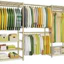 Ulif E1 Heavy Duty Closet Garment Rack, 6 Tiers Adjustable Metal Freestanding Expandable Clothing Storage with 4 Hanger Rods, Easy to Assemble Wardrobe, 71.4" H x (70" - 88.2") L x 14" D, Gold
