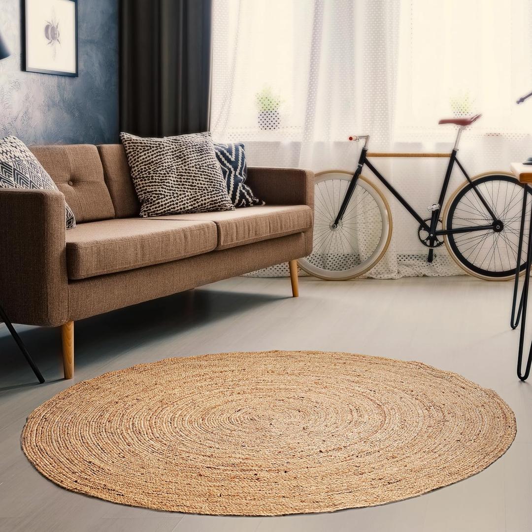 Hausattire Hand Woven Jute Braided Rug, 5 Round  Natural, Reversible Boho Entry Area Rugs for Kitchen, Living Room I Farmhouse Decorative Floor Rug, 5 Feet Round