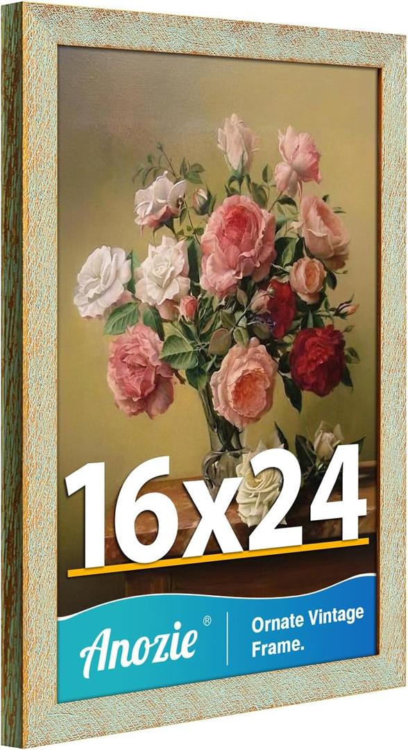 16x24 Poster Frame, Vintage 16 x 24 Picture Frame Plexiglass Glass for Wall Display, Rustic 16x24 Photo Picture Frame Large, Antique Gold Green Collage Gallery Wall Picture Frames, Widen Border