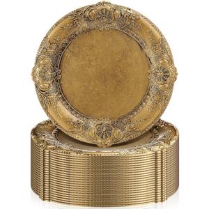 Mifoci Antique Gold Charger Plates Set of 24 Plastic Gold Chargers for Dinner Plates Decorative 13" Round Plate Bulk with Embossed Rim for Dinner, Party, Wedding