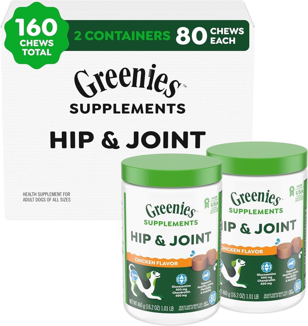 Greenies Supplements Hip and Joint Supplement for Dogs, Chicken Flavor, 80-Count Tub, Pack of 2, Best By: Feb 4, 2026