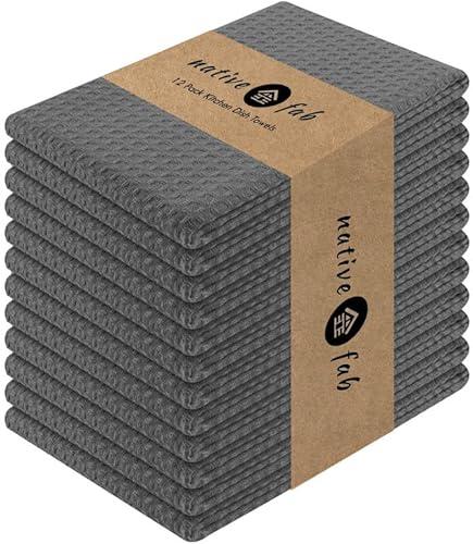 Native Fab Waffle 12 Pack 100% Cotton Kitchen Dish Towels 16x26 Absorbent Durable Washable, Tea Towels, Dish Cloths, Bar Towels, Cleaning Towels, Kitchen Towels with Hanging Loop, Grey
