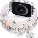 MOFREE Beaded Bracelet Compatible with Apple Watch Band 38mm 40mm 41mm Women, Fashion Handmade Crystal Stone Beads Elastic Stretchy Strap for iWatch Band Series SE 9 8 7 6 5 4 3 2 1 (Peach pink)