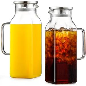 Netany 1 Pack 2.22 Liters/75 oz Square Glass Pitcher with Lid and Handle for Fridge, Iced Tea and Coffee Carafe Beverage Serveware, Heat Resistant Borosilicate Water Jug for Hot/Cold Drinks and Milk