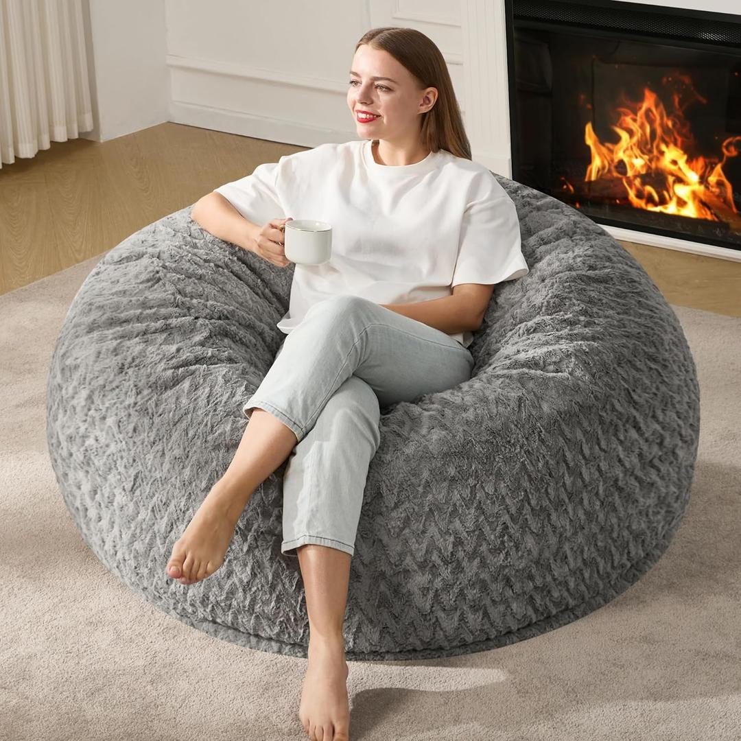 Hobestluk 4ft Bean Bag Chairs for Adults Large Beanbag Chair with Chevron Plush Fur Cover Big Bean Bag Chair for Living Room Bedroom Dorm Office - Grey (44 x 44 x 24)