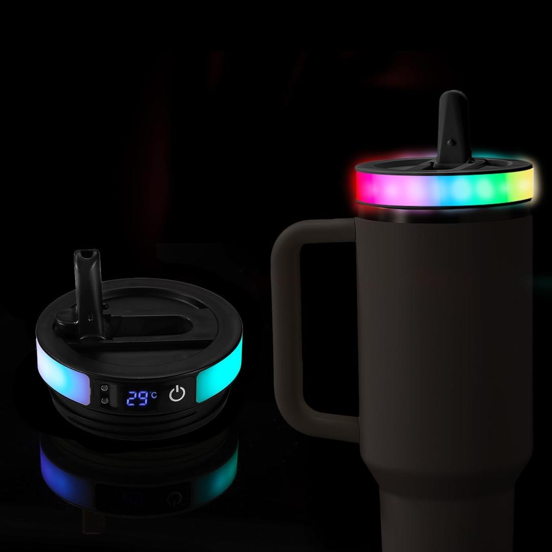 Colorful LED Flip Straw Tumbler Lid for Stanley Quencher H2.0/ProTour 40oz Tumbler, Cup Cover with 12 Flash Light Mode & Temperature Sensor Display for Stanley Cup Accessories (Black)