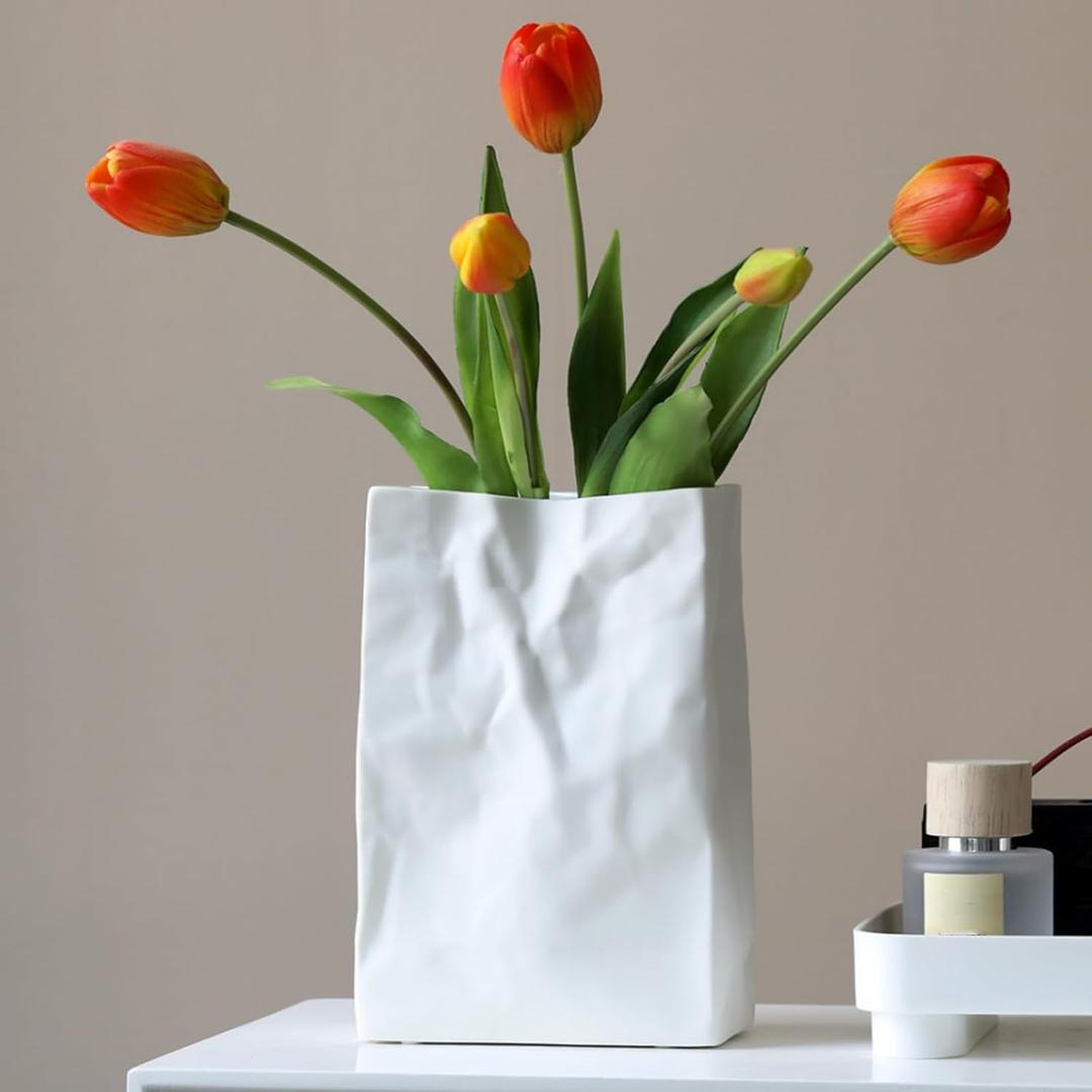 Pumtus Crinkle Paper Bag Ceramic Vase, 7.5 Inch Unique Flower Vase, White Matte Square Wide Mouth Pleated Planter, Minimalist Boho Pot for Flower Arrangement Table Centerpiece Home Office Decor