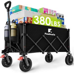 180L Collapsible Wagon with Wheels, Feelnais Folding Wagon Cart with Adjustable Handle, Foldable Utility Wagon for Grocery Shopping Camping Outdoor Sports Beach Garden
