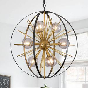 24" Black Gold Mid Century Sputnik Chandelier 9 Lights Hanging Ceiling Firework Globe Pendant Light Fixture with Smoke Class Lampshades for Dining Living Room Foyer Entryway Kitchen, D24"