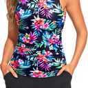 Tankini Swimsuits with Shorts - Two Piece Tummy Control Bathing Suits High Neck Swimwear with Two Side Pockets (Medium, Multi Floral)