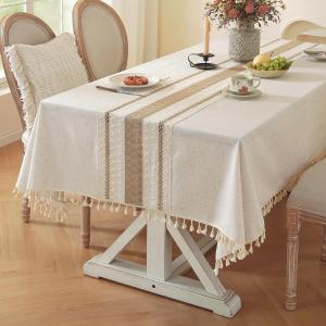Colorigan Table Cloth, Cotton Linen Tablecloths Heavy Duty Wrinkle Free Table Cover with Tassels for Farmhouse Kitchen Dining Tables, Brown Lines,8-10 Seats