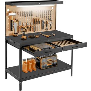 Work Bench, Garage Storage Workbench with Drawers Pegboard, Work Table, A3 Steel 600LBS Capacity Workbench for Garage Workshop Basement, Tool Table Bench, Dark Black