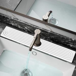 DK177 Diatomite Fast Drying Faucet Mat for Kitchen Sink, Water Absorbing Stone Tray, Faucet Splash Guard for Bathroom Counter, White, 23.6" x 4"