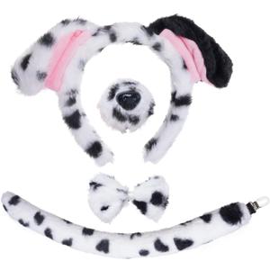 Jmkcoz 4 Pcs Dalmatian Dog Costume Set Puppy Dog Ears Headband and Tail Nose Bow Tie for 100 Days of School Halloween Cosplay (White & Black)