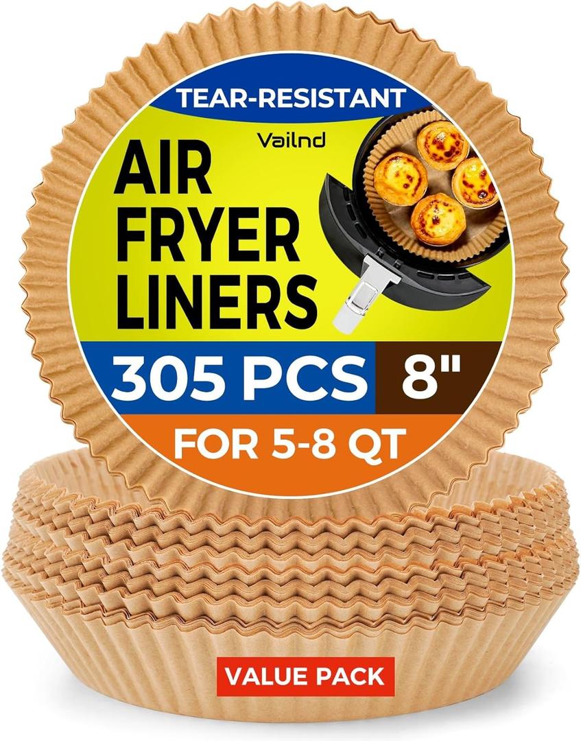 Vailnd Air Fryer Liners Disposable, 305 PCS 8" Round Unbleached Air Fryer Paper Liners, Heavy-Duty Air Fryer Liners for 5-8 qt Basket, Non-stick & Oil-Proof Parchment Paper for Oven, Pan