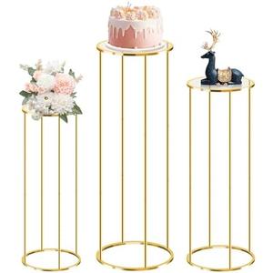tagotry 3PCS Gold Metal Cylinder Pedestal Stands - Round Plant Display Columns for Party Decor, Floral Arrangements, Vase Displays, Birthday Wedding Backdrop Decorations