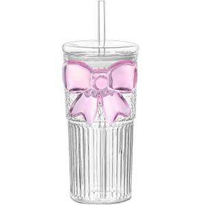 Glass Cups with Lids and Straws Iced Coffee Tumbler Cups with Lids Clear Cute Smoothie Juice Bubble Tea Water Cold or Hot Drinking Glasses Travel Mug with Pink Bow 20 oz High Borosilicate