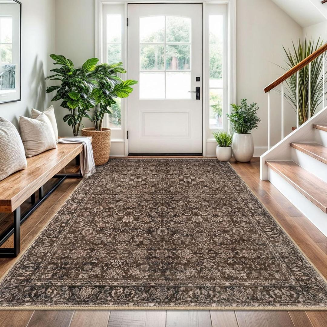 4x6 Washable Rug Rust Reddish Brown Area Rug for Entryway Soft Non-Slip Indoor Door Rugs Distressed Floral Low-Pile Doormat, Neutral Vintage Carpet for Entrance Kitchen Bedside Farmhouse