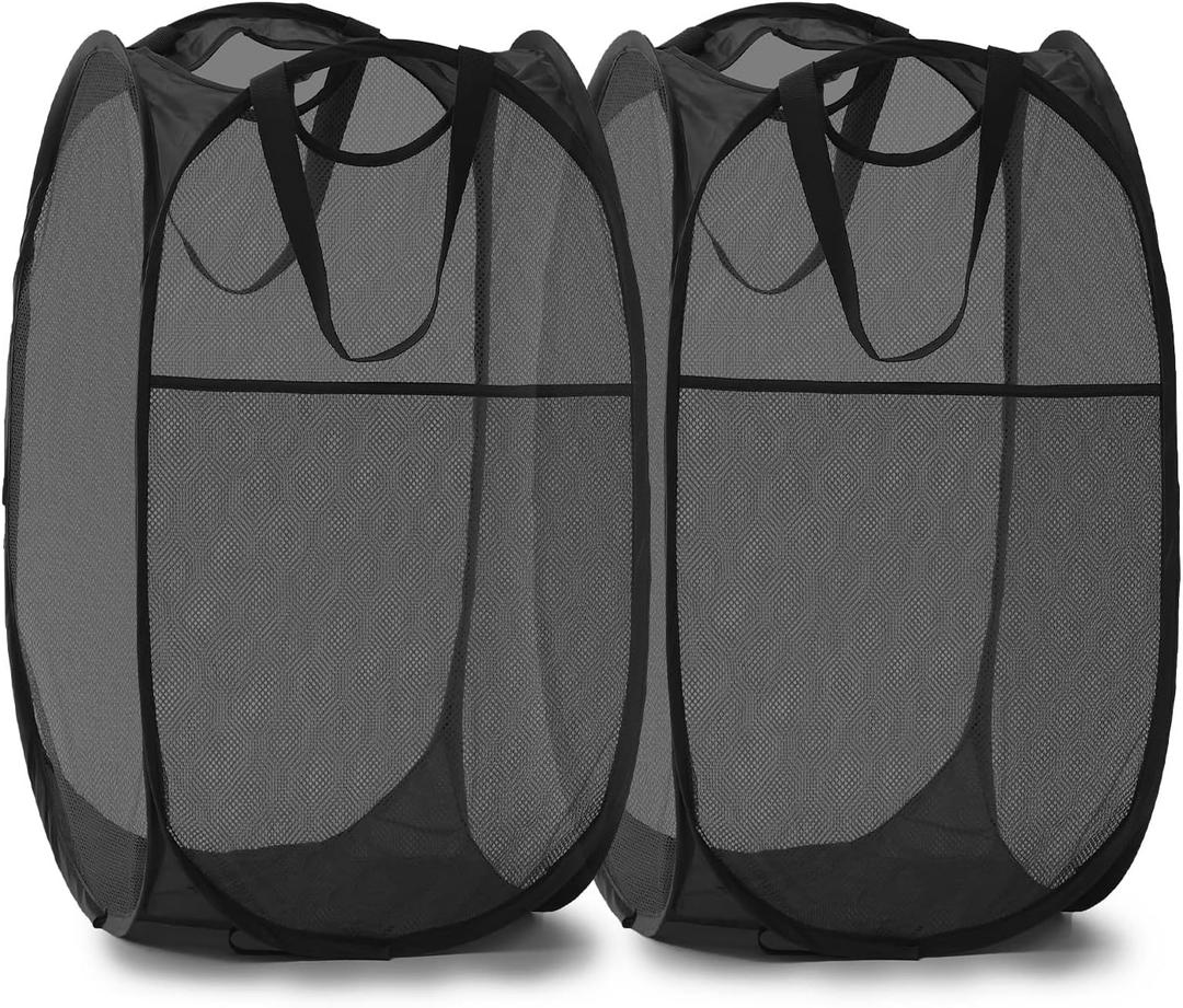TECHMILLY Collapsible Mesh Pop Up Laundry Hamper with Sturdy Handles and Side Pocket - Portable Foldable Clothes Baskets for Dorm, Bathroom & Travel Storage (Black, 2 Packs)