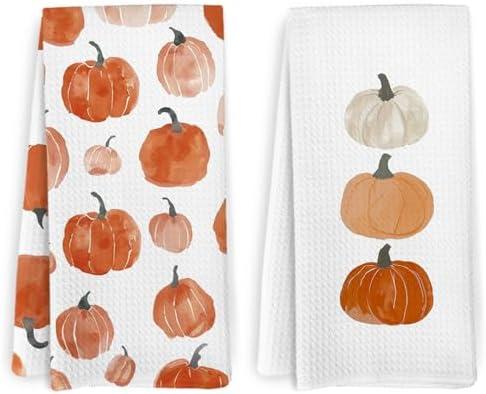 KFXHANGD Fall Pumpkin Decor Kitchen Towels and Dishcloths Set of 2, Fall Thanksgiving Day Hand Dish Towel, Farmhouse Autumn Pumpkins Decorative Hand Tea Towels for Bathroom Kitchen, 16×24 Inch