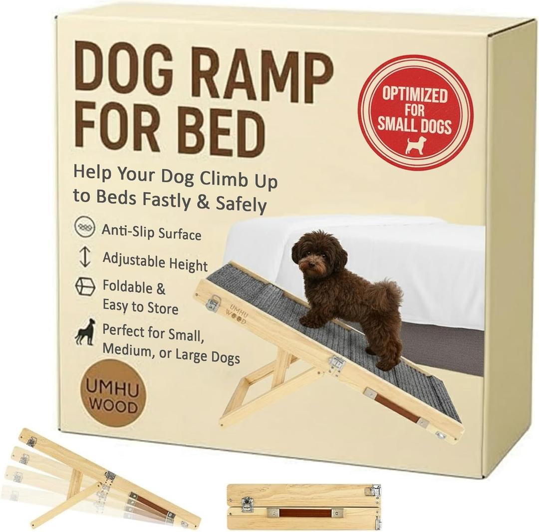 UMHUWOOD Dog Ramp for Couch, Bed, and Car  Adjustable, Portable, Foldable, Non-Slip Wooden Pet Ramp for Small, Medium, and Senior Dogs and Cats  Up to 19.5" High