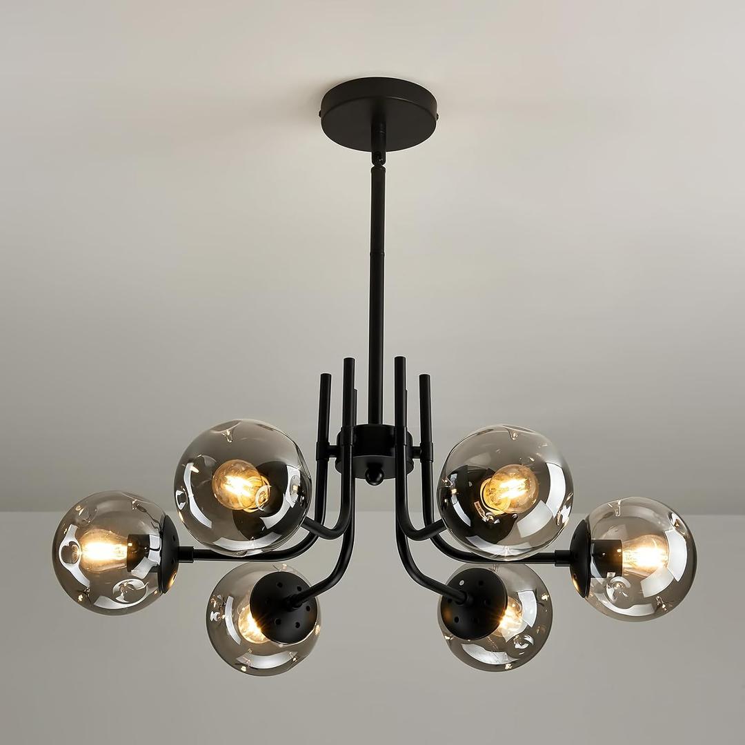 6 Light Glass Globe Sputnik Chandeliers Modern Matte Black Ceiling Light Fixture Semi Flush Mount Ceiling lamp for Living Room Dining Room Farmhouse Bedroom Kitchen