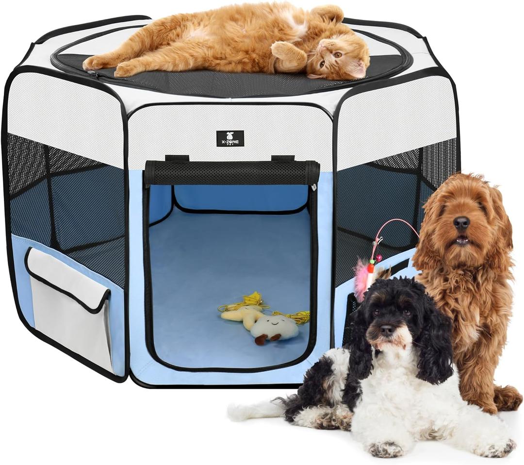 X-ZONE PET Portable Foldable Pet Dog Cat Playpen Crates Kennel/Premium 600D Oxford Cloth,Removable Zipper Top, Indoor and Outdoor Use (XL, Blue)