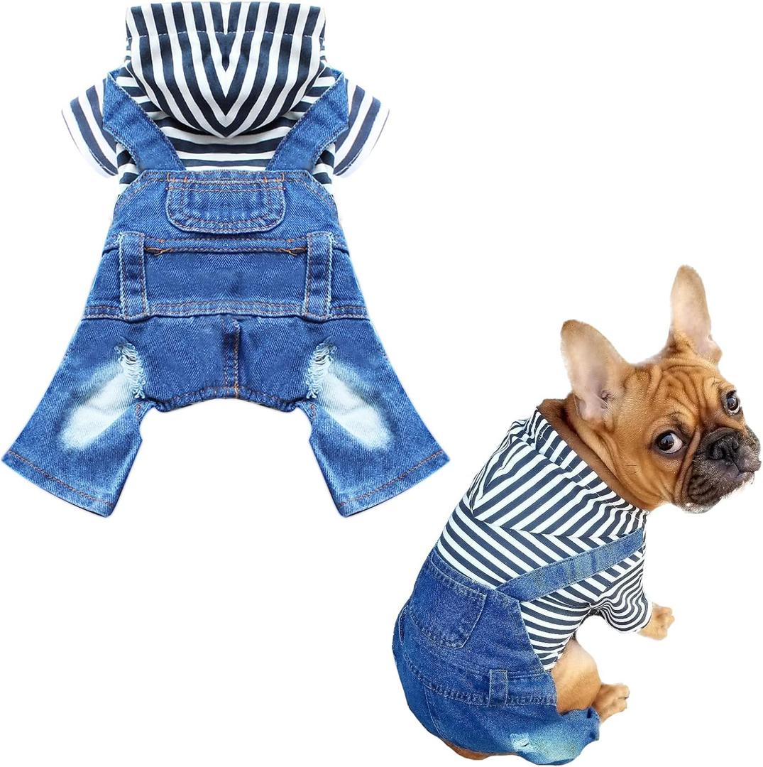 Small Dog Hoodie Clothes Cute Stripe Shirts Denim Jumpsuit One-Piece Outfit for Small Medium Dogs Cats Boy Girl Chihuahua Blue Jeans Overalls Puppy Costume (Blue,S)