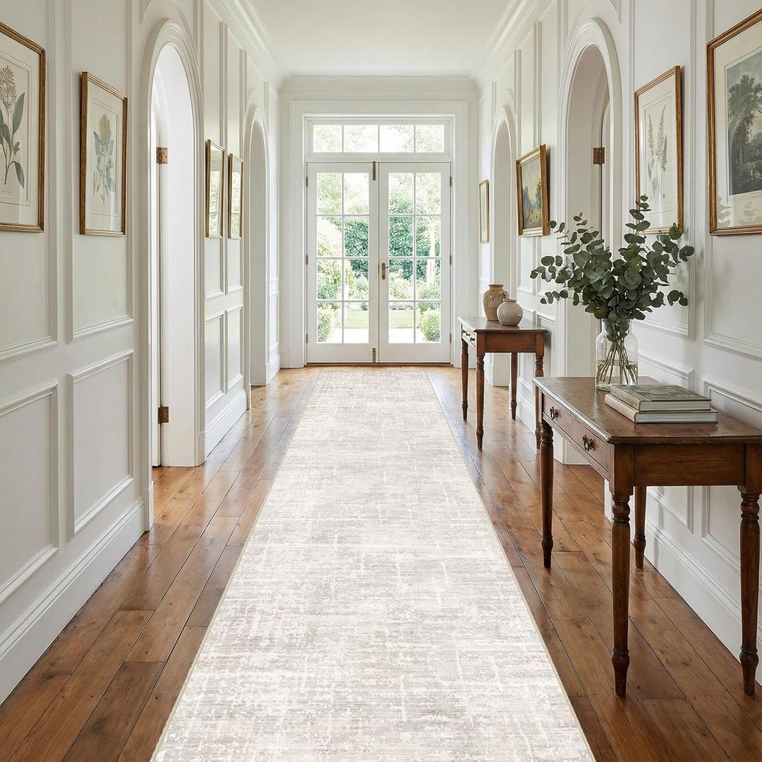 2x12 Washable Hallway Runner Rug - Modern Abstract Neutral Long Carpet with Non-Slip Backing Low-Pile Stain-Resistant Thin Runners for Kitchen Bathroom Bedroom Entryway (2x12, Beige)