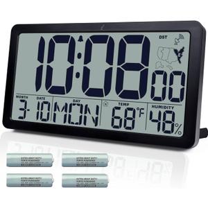 Atomic Wall Clock Battery Operated,10.5 inch Digtial Desk Clock with Temperature and Humidity,Self-Setting Alarm Clocks with 57 Ringtones,Auto DST, Large LCD Display for Seniors Batteries Included (Black)