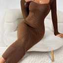 Narecte Sweater Dresses for Women 2025 Midi Winter Dress Square Neck Bodycon Dresses Long Sleeve Casual Dress Mocha Brown L