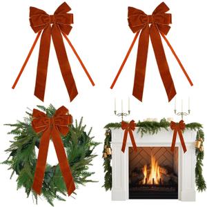 AIMUDI Orange Velvet Bows for Christmas Tree 6.5" x 15" Christmas Bows for Gift Wrapping, Holiday Crafts, Wreaths, Garlands, Staircase, Home Outdoor Winter Decorations, 2 PCs