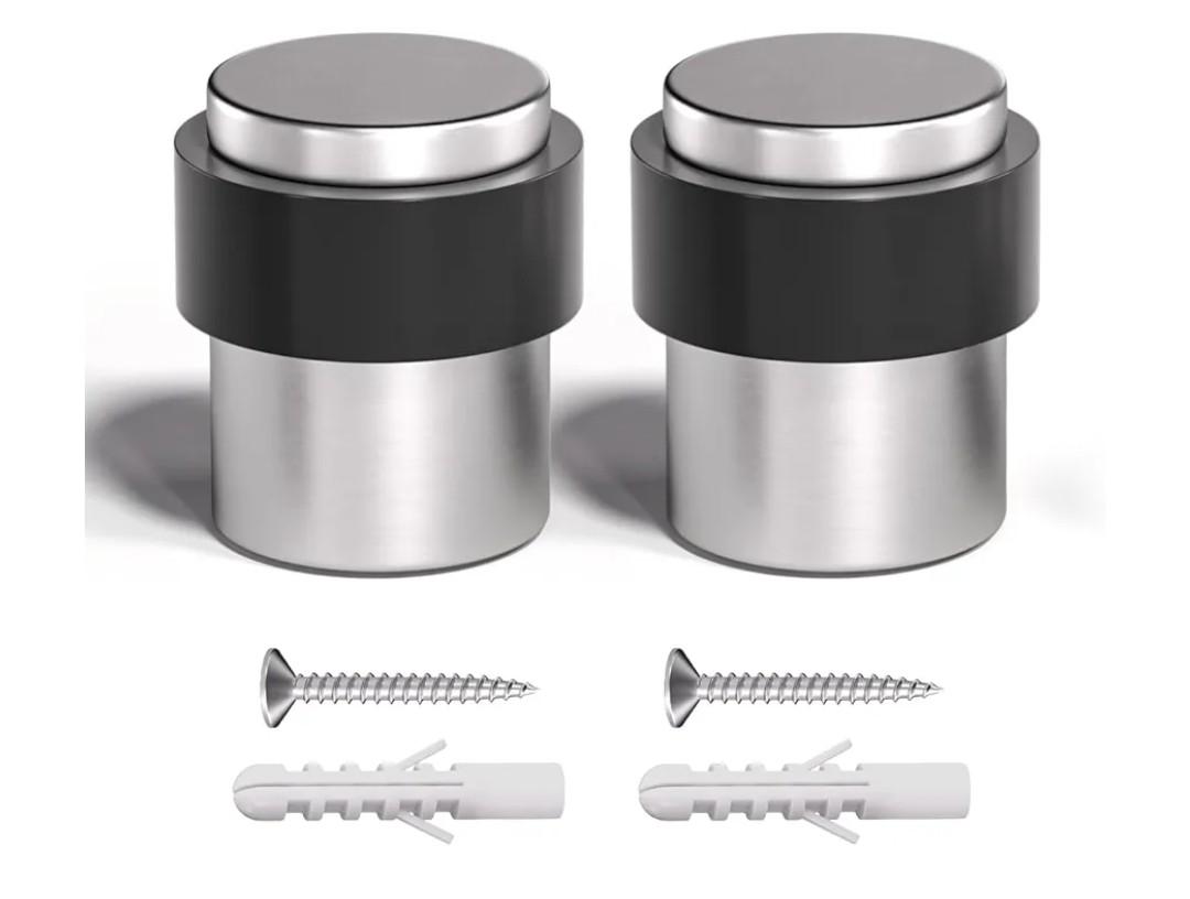SANATO Nickel Cylindrical Floor Mounted Stainless Steel 304 Door Stop Door Stopper with Black Rubber, 2 Pack