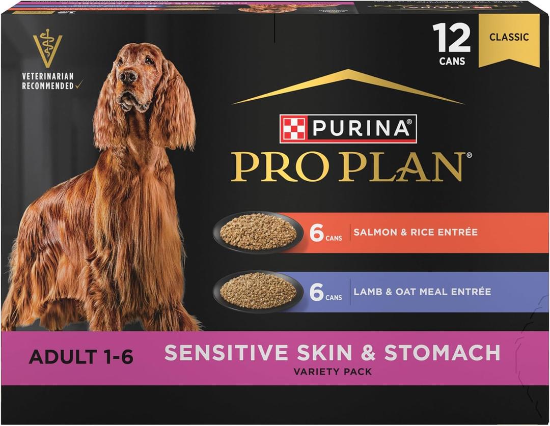 Purina Pro Plan Sensitive Skin and Stomach Wet Dog Food, Salmon and Rice and Lamb and Oat Meal Variety Pack - (Pack of 12) 13 oz. Cans (EXP 01/31/28)