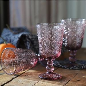 Vintage Glassware Purple Water Goblets Drinking Colored Glasses set of 4 Pink Embossed Drinkware Stemware 10 oz for Wedding Party Bar Christmas