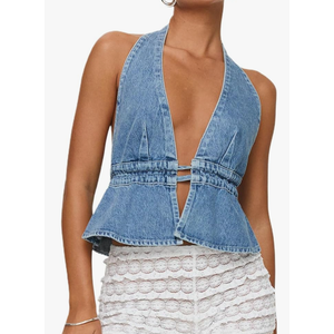 Women Sexy Deep V Neck Halter Denim Tank Top Tie Up Back Solid Color Backless Jean Vest Strapless Cropped Top, Size M
