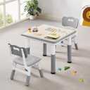 Kids Table & Chairs Set (2 Chairs) Height Adjustable for Ages 2-8 | Non-Slip Toddler Activity Table with Wipe-Clean Desktop, Montessori Learning & Art Drawing Table for Home Preschool (Grey)