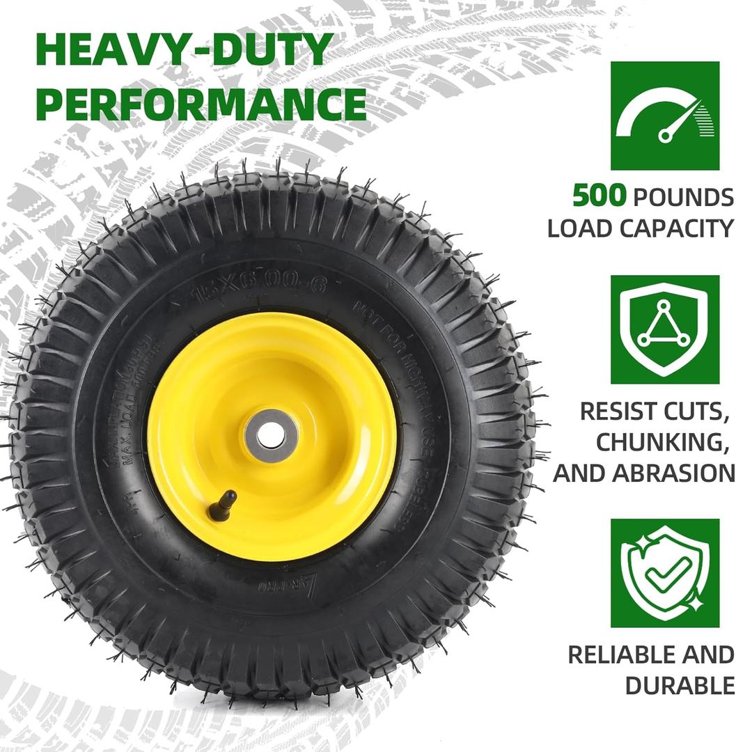 AR-PRO (2 Pack) 15 x 6.00-6" Tubeless Tire and Wheel Assembly, Replacement Riding Lawn Mower Front Tires, Compatible with John Deere Riding Mowers and Lawn Tractor, 3" Centered Hub and 3/4" Bushings